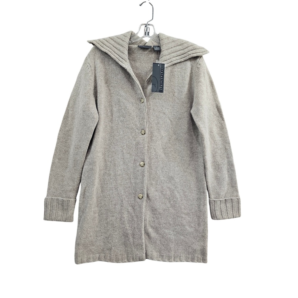 Relativity Cardigan Sweater Womens Medium Oatmeal 100% Lambswool Button Up Knit
